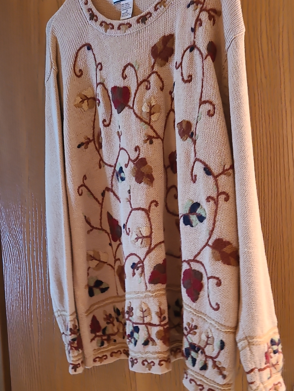 Beige Floral-Embroidered Crewneck Sweater